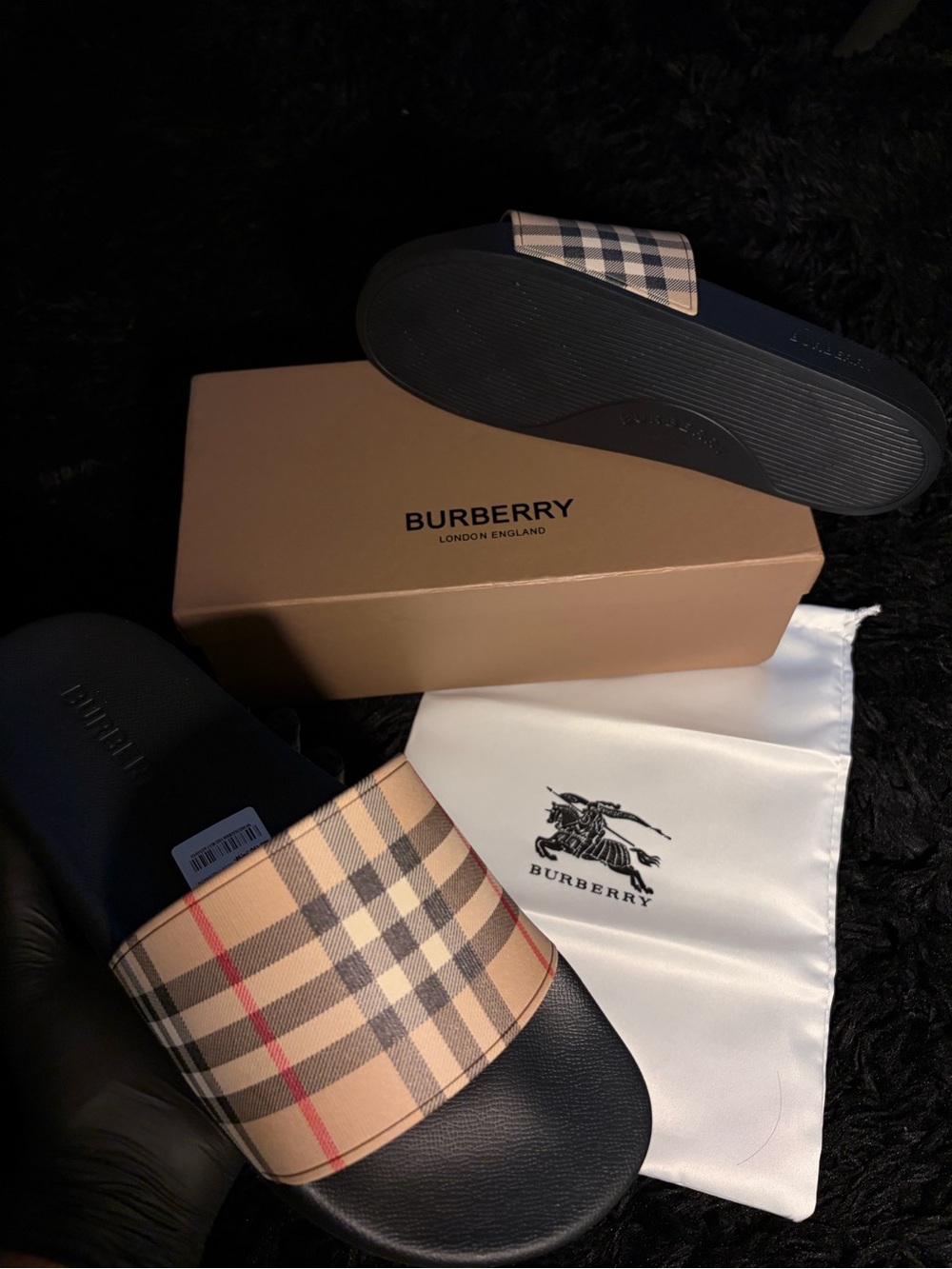 Burberry Men’s Check Slide Sandals in Beige and Black